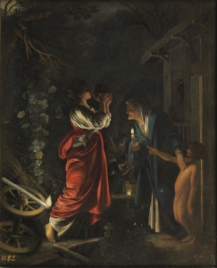 Demeter trinkt den Kykeon der Metaneira und wird von Askalabos verspottet. Gemälde von Adam Elsheimer, 1562. (gemeinfrei)